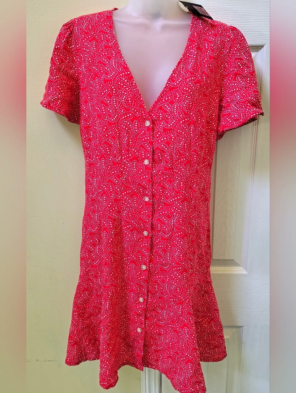 V-Neck Red Button-Front Women's Blouse with Subtle White Dot Print
